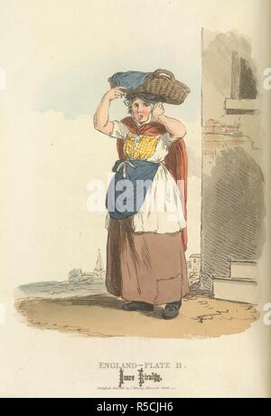 Billingsgate Fish-Woman. Il pittoresco di rappresentazioni di vestire e manne. Londra: Thomas M'magra, [ca. 1830]. Un Fish-Woman Billingsgate. Immagine presa da pittoresche rappresentazioni di vestire e modi della lingua inglese. Illustrato in cinquanta incisioni colorate, con descrizioni. Originariamente pubblicato/prodotto a Londra: Thomas M'magra, [ca. 1830]. . Fonte: 7744.c.10, piastra XI. Lingua: Inglese. Foto Stock