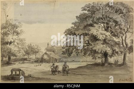 Una vista di Richmond Park. Due cavalli e cavalieri su un percorso; un bene sulla sinistra; i polli, madre e bambini e una casa in background; gli alberi in tutta la scena. 1754. Fonte: Mappe K.Top.41.15.c. Foto Stock