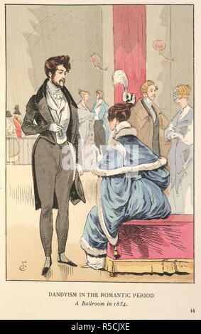 Dandyism. La moda a Parigi: le varie fasi del femminile t. W. Heinemann: Londra, 1898. Dandyism nel periodo romantico. Una sala da ballo in 1834. Un gentleman che indossa una serata grigio tuta e una signora seduti indossando un vestito blu con pelliccia bianca. Indossa una piuma sulla sua testa. Immagine presa dalla moda di Parigi: le varie fasi di gusto femminile e Ã¦sthetics dal 1797 al 1897 dal francese dalla signora M. Loyd. Con un centinaio di mano-le piastre colorate e duecento cinquanta illustrazioni di testo da F. Courboin... Originariamente pubblicato/prodotto in W. Heinemann: Londra, 1898. . Fonte: 7742.de.8, la piastra Foto Stock