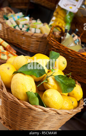 I limoni nella cesta, Manarola, le Cinque Terre e la Riviera di Levante, Liguria, Italia Foto Stock