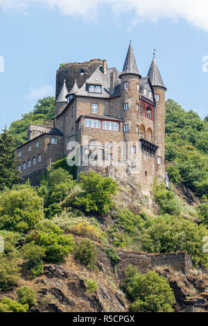 Fiume Reno, San Goarshausen, Germania. Katz (Castello Burg Katz), del XIV secolo. Foto Stock
