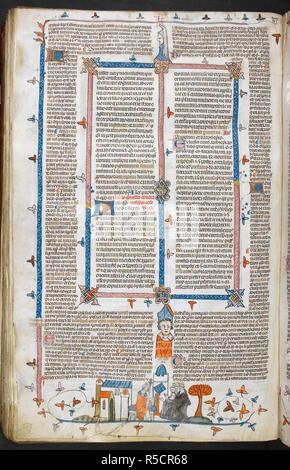 Un bas-de-page scena di un Vescovo rivolgendosi ad un gruppo di monaci. Decretals di Gregorio IX con la Glossa Ordinaria ('Smithfield Decretals'). Francia S. (Tolosa?); ultimo quarto del XIII secolo o al primo trimestre del XIV secolo. Fonte: Royal 10 E. IV, f.244v. Lingue: Latina. Autore: Raymond di PeÃ±afort, editor. Bernardo di Parma, glossator. Foto Stock