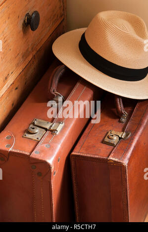 Vintage Valigetta in pelle con cappello di Panama Foto Stock