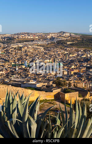 Vista in elevazione attraverso la vecchia medina di Fes, Fes, Marocco Foto Stock