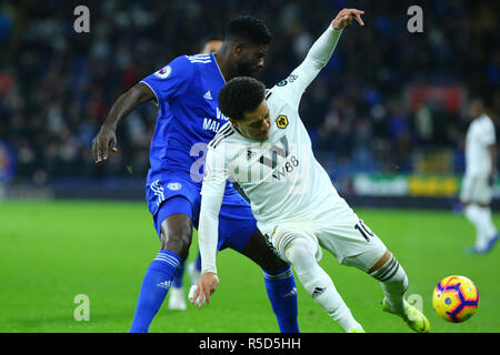 Helder Costa di Lupi durante il match di Premier League tra Cardiff City e Wolverhampton Wanderers al Cardiff City Stadium di Cardiff, Galles il 30 novembre 2018. Foto di Dave Peters. Solo uso editoriale, è richiesta una licenza per uso commerciale. Nessun uso in scommesse, giochi o un singolo giocatore/club/league pubblicazioni. Foto Stock