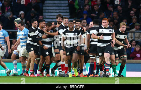 Londra, UK, 01 dicembre, 2018 Handre Pollard (Tori & Sud Africa) di barbari che celebra il suo provare durante la Killik Cup tra i barbari e Argentina a Twickenham Stadium , Londra, Inghilterra il 01 Dic 2018. Azione di Credito Foto Sport Foto Stock