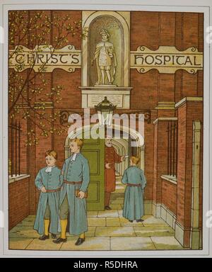 Cristo's Hospital. Conosciuto come "l'bluecoat school'. Illustrazione da â€˜London Town€™. Città di Londra. Marcus Ward & Co.: Londra, 1883. Immagine presa da : Città di Londra. Versi di Felix Leigh. Fonte: 12805.s.9, pagina 37. Autore: gru, Thomas. Foto Stock