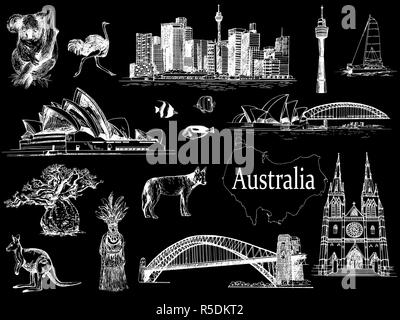 Set di disegnato a mano stile sketch Australia oggetti a tema isolato su sfondo nero. Illustrazione Vettoriale. Illustrazione Vettoriale