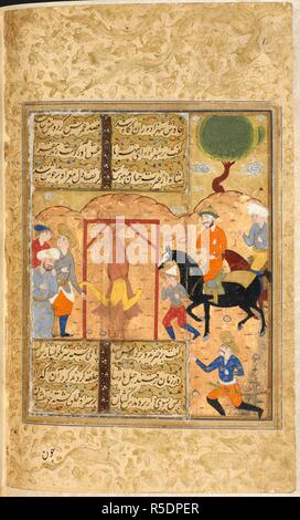 Una prima esecuzione di un re. Majalis al-'Ushshaq del sultano Husayn Mirza. Shiraz, Iran, 1590-1600. Una prima esecuzione di un re. La penale è di essere appeso a testa in giù (illustrazione per la biografia di Sheikh Adhuri). Una pittura in miniatura da un sedicesimo secolo manoscritto del Majalis al-'Ushshaq ("Le Assemblee degli amanti"). Immagine presa da Majalis al-'Ushshaq del sultano Husayn Mirza. Originariamente pubblicato/prodotto in Shiraz, Iran, 1590-1600. Fonte: i.o. 1138 islamica, f.197v. V.o. persiano. Foto Stock