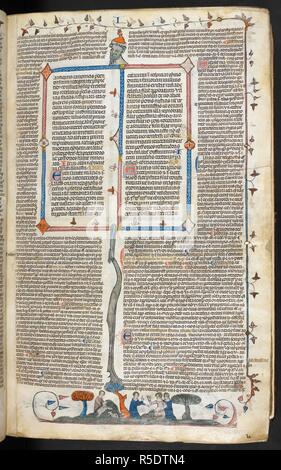 Bas-de-page scena di pecore e di un gruppo di persone che parlano. Decretals di Gregorio IX con la Glossa Ordinaria ('Smithfield Decretals'). Francia S. (Tolosa?); ultimo quarto del XIII secolo o al primo trimestre del XIV secolo. Fonte: Royal 10 E. IV, f.8. Lingue: Latina. Autore: Raymond di PeÃ±afort, editor. Bernardo di Parma, glossator. Foto Stock