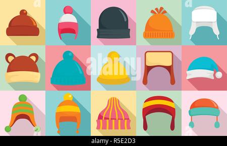 Inverno headwear icon set. Set piatto di inverno headwear icone vettoriali per il web design Illustrazione Vettoriale