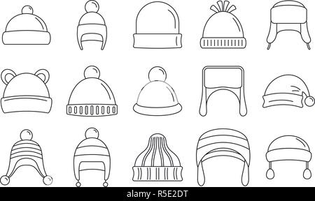 Inverno headwear outfit icon set. Set di contorno di inverno headwear outfit icone vettoriali per il web design isolato su sfondo bianco Illustrazione Vettoriale