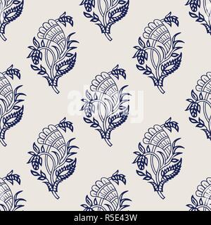 Il blocco di legno stampato colorante indaco etnica senza giunture paisley pattern. Tradizionale ornamento orientale dell'India con il luppolo, navy blu su sfondo ecru. Illustrazione Vettoriale