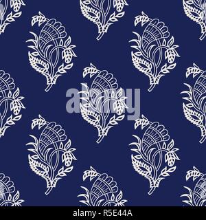 Il blocco di legno stampato colorante indaco etnica senza giunture paisley pattern. Tradizionale ornamento orientale dell'India con il luppolo, ecru su sfondo blu scuro. Illustrazione Vettoriale