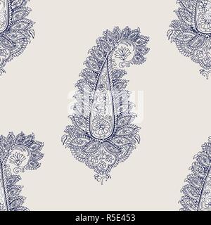 Senza soluzione di continuità del blocco di legno stampato colorante indaco etnica pattern paisley. Tradizionale ornamento orientale dell'India con paisleys fiammeggiante, blu navy su ecru Illustrazione Vettoriale