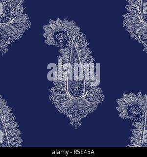 Senza soluzione di continuità del blocco di legno stampato colorante indaco etnica pattern paisley. Tradizionale ornamento orientale dell'India con paisleys fiammeggiante, ecru su blu navy Illustrazione Vettoriale