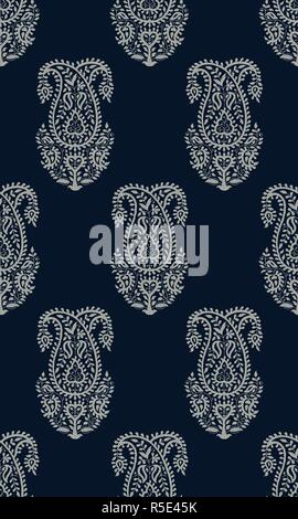 Seamless tintura indaco woodblock stampate paisley pattern. Orientale tradizionale etnica indiana ornamento, tonalità ecru su sfondo blu scuro. Il design tessile. Illustrazione Vettoriale