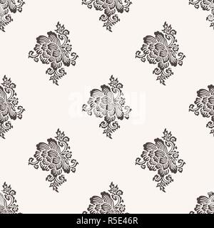 Seamless woodblock stampate paisley pattern. Orientale tradizionale etnica indiana ornamento con fiori di peonia, taupe su sfondo ecru. Il design tessile. Illustrazione Vettoriale