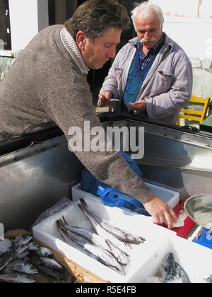 Il pesce fresco viene venduto da un carrello di prelievo. Creta, Grecia Foto Stock