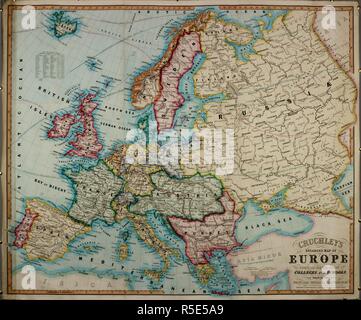 Un xix secolo mappa colorata di Europa, compilato per uso in collegi e scuole. Cruchley ingrandita della mappa di Europa. Compilato per l'uso dei collegi e scuole, che mostra le principali caratteristiche fisiche, ecc. [Londra]: incisi e pubblicati da G.F. Cruchley, mappa venditore, 81 Fleet Street, 1851. 1 mappa su 9 fogli uniti: mano col. ; 171 x 208 cm. Fonte: Mappe Roll 167 o mappe S.T.E.167. Autore: Cruchley, George Frederick. Foto Stock