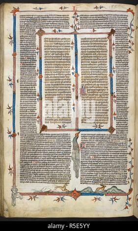 Un bas-de-page scena di segugi a caccia di un coniglio. Decretals di Gregorio IX con la Glossa Ordinaria ('Smithfield Decretals'). Francia S. (Tolosa?); ultimo quarto del XIII secolo o al primo trimestre del XIV secolo. Fonte: Royal 10 E. IV, f.71v. Lingue: Latina. Autore: Raymond di PeÃ±afort, editor. Bernardo di Parma, glossator. Foto Stock