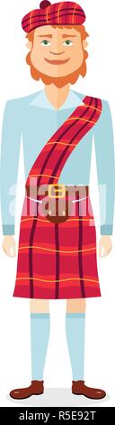 Uomo scozzese in kilt in vestiti nazionali flat cartoon illustrazione vettoriale isolati su sfondo bianco Illustrazione Vettoriale