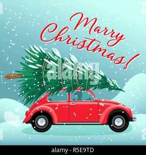 Buon Natale e Felice Anno Nuovo cartolina o un poster o un modello di flyer con retro rosso auto albero di natale sul tetto. In stile vintage illustrazione vettoriale Illustrazione Vettoriale