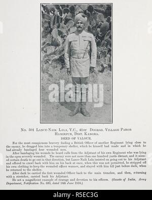 No. 501 Lance-Naik Lala, V.C; xli Dogras. Villaggio Hamirpur Paraob, Kangra Dist.. Andando di valorosi. I nostri eroi della Grande Guerra. Con illustrazioni. Un record di V.Cs. conquistato dall'esercito indiano durante la Grande Guerra, insieme con un elenco di servizi di esercito indiano unità e Stati indiani le forze, ecc. Bombay : volte Press, 1922. Fonte: 9085.ss22 pagina 56. Foto Stock