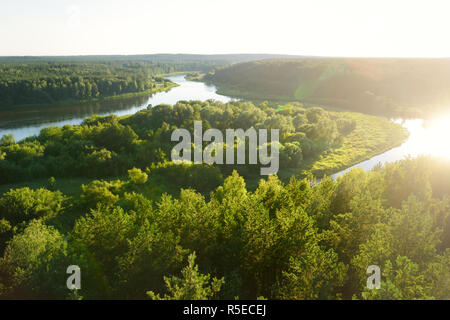 Vista panoramica dal Merkine torre di osservazione al fiume Nemunas, streaming tra fitti boschi di pini. Bella estate lituano paesaggio. Foto Stock