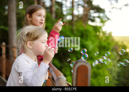 Carino bambine soffiando bolle di sapone su un tramonto all'aperto nella bella giornata d'estate. Divertenti attività per i bambini. Foto Stock