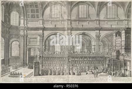 Un affollato interno del coro della cattedrale di St Paul, durante il servizio di ringraziamento per i successi militari nel 1706, svoltasi in presenza di Queen Anne e di entrambe le case del Parlamento. Una prospettiva del coro della cattedrale chiesa di San Paolo in generale il giorno del ringraziamento 31 Decem.r 1706, sua maestà e di entrambe le case del Parlamento presenti. c. 1707. Incisione e incisione da due piastre, uniti. Fonte: Mappe K.Top.23.36.b. Lingua: Inglese. Foto Stock