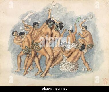 Maori rituale di guerra. Disegni e schizzi in Nuova Zelanda. Nuova Zelanda; circa 1848-1853. (Disegno n116) gruppo di guerrieri Maori, con tatuaggi, wrestling e combattendo con assi e i coltelli immagine presa da disegni e schizzi in Nuova Zelanda. Originariamente pubblicato/prodotto in Nuova Zelanda; circa 1848-1853. Fonte: Aggiungi. 19954, f.80. Lingua: Inglese. Foto Stock