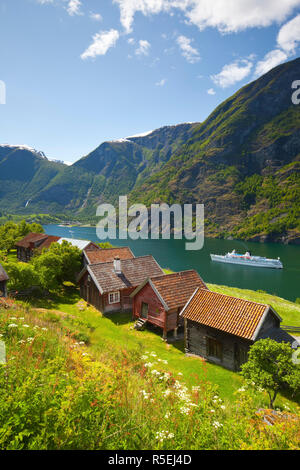 Vista in elevazione su Otternes Bygdetun, Aurlands fiordo, Sogn og Fjordane, Norvegia Foto Stock