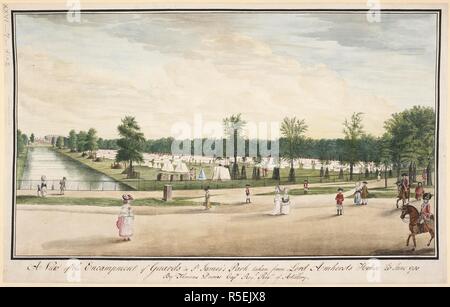 Un accampamento dell'esercito sul lato destro; un canale a sinistra; le figure e i cavalli sul percorso in primo piano. Una vista dell'accampamento di guardie in St James Park preso dal Signore Amhersts House XX Giugno 1780. [Londra], 20 giugno 1780. Penna e inchiostro con acquarello. Fonte: Mappe K.Top.26.7.d.2. Lingua: Inglese. Foto Stock