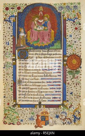 Miniatura della Trinità con un re in ginocchio, identificato come Enrico VII e una piena foliate confine. Settembre articoli de la foy. Francia, N. (Rouen); c. 1440. Fonte: Royal 19 A. XXII, f.1. Lingua: Francese. Autore: MEUN, JEAN DE. Foto Stock