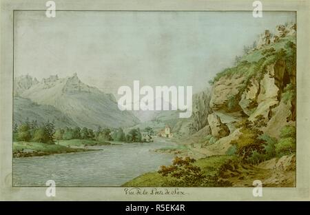 Due figure viaggia su una strada da un fiume in primo piano, con il villaggio di sax e Appenzell Alpi in background. Vue de la Porte de Saxe. / Fait par J. Ant. Linck. [Ginevra?] : [autore non identificato], [circa 1796]. 1 : stampa colorata a mano in attacco e acquatinta foglio ; 24,5 x 37,6 cm (rifilato platemark qui sotto). Fonte: Mappe K.Top.86.34. Lingua: Francese. Autore: JEAN-ANTOINE LINCK. Foto Stock