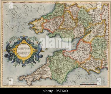 Il Galles del sud e sud ovest dell'Inghilterra. Atlas sive cosmographicae Meditationes de fabrica. Dusseldorf : Albertus Busius, 1595. Mappa di Galles del sud e sud ovest dell'Inghilterra. Immagine presa da Atlas sive cosmographicae Meditationes de fabrica mundi et fabricati figura. Gerardo Mercatore Cosmographo autore. [Edito da Rumold Mercator. Con un ritratto di G. Mercator].. Originariamente pubblicato/prodotto in Dusseldorf : Albertus Busius, 1595. . Fonte: maps.C.3.c.3, 15. Foto Stock