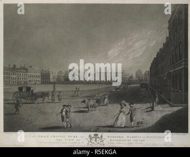 Vista su Bloomsbury Square verso Bedford House, con una railed giardino in centro, le figure e i carrelli in strada in primo piano e una guida milkmaid due mucche. A SUA GRAZIA FRANCESCO, duca di Bedford, Marchese di Tavistock, &c. &C. / Questa vista di Bloomsbury Square. Londra: Pubd. Decr. 1, 1787 da R. Pollard Braynes fila, spa, campi & F. Jukes, Howland Street, 1787. Incisione e la puntasecca. Fonte: Mappe K.Top.22.27. Lingua: Inglese. Foto Stock