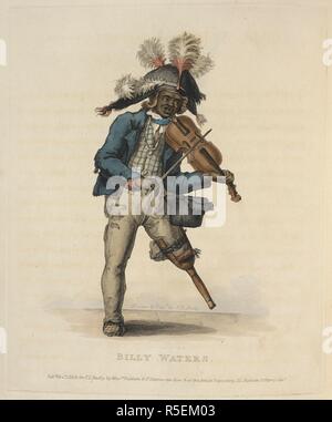 Billy acque. Billy acque (c. 1778â€"1823) era un uomo nero che busked a Londra nel XIX secolo da cantare, suonare il violino e divertente i frequentatori del teatro con il suo "peculiare antics'. Divenne famoso quando apparve come un personaggio in William Thomas Moncrieff di Tom e Jerry, o la vita a Londra nel 1821. La sua suggestiva immagine è stata istituita con la sua ascendenza africana, una base navale uniforme, la sua gamba peg, il suo violino e l'aggiunta di un cappello piumato. . Costume di ordini inferiori di Londra. Dipinto e inciso dalla natura da T. L. Busby. Londra : Baldwin & Co., [1820]. Fonte: 7742.ES.19.( Foto Stock