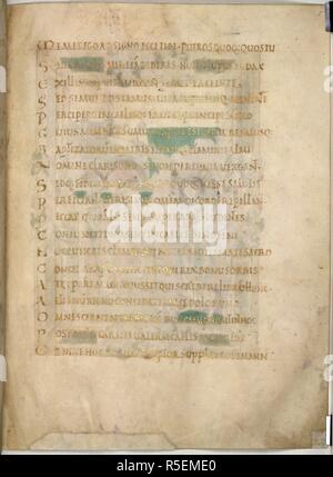 Pagina di testo. Benedictional di San Aethelwold. Winchester; 971-984. [Intero folio] Seconda parte del dedicatario poesia, che spiega le origini e lo scopo del manoscritto. Esso termina con il nome dello scriba, Godeman immagine presa da Benedictional di San Aethelwold. Originariamente pubblicato/prodotto in Winchester; 971-984. . Fonte: Aggiungi. 49598, f.5. Lingue: Latina. Foto Stock