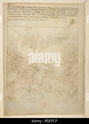 Pageant VI. La straordinaria la cometa che compaiono all'inizio della ribellione in Galles nel 1402; Richard Beauchamp, Conte di Warwick, lotta contro i ribelli sotto Owen Glendower. Beauchamp rievocazioni. S. Paesi Bassi [Bruges?]; dopo il 1483. Fonte: Cotone Julius E. IV, art. 6, f.3v. Lingua: Inglese. Foto Stock