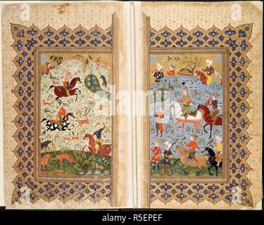 Scena di caccia. Shahnama. Kazvin, Iran, c.1590-1595. Scena di caccia. Acquerello opaco. Safavid/Qazwin stile. Immagine presa da Shahnama. Originariamente pubblicato/prodotto in Kazvin, Iran, c.1590-1595. . Fonte: Aggiungi. 27257, ss539V-540. V.o. persiano. Foto Stock