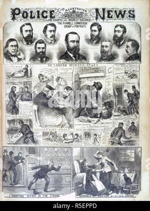 La commissione di Parnell. La polizia illustrato News. I tribunali e settimanale. Londra, 3 novembre 1888. La Commissione Parnell gruppo di ritratti': otto ritratti, compreso uno di Charles Stuart Parnell. 'L'assassinio di Londra spaventare, Mitre Square mistero": le illustrazioni relative alla Whitechapel o 'Jack Lo Squartatore' omicidi. Immagine presa dalla polizia illustrato News. I tribunali e record settimanale. Originariamente pubblicato/prodotto a Londra, 3 novembre 1888. . Fonte: Colindale, front page, numero 1.290. Lingua: Inglese. Foto Stock