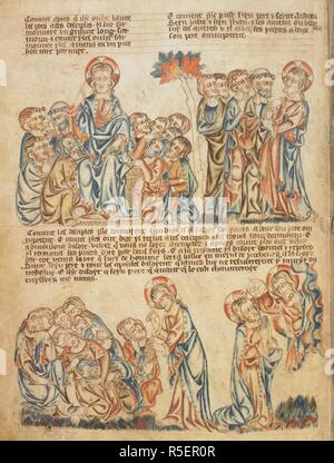 Cristo tra i dodici discepoli; i discepoli dormono nel giardino del Getsemani. Bibbia Holkham Picture Book. Inghilterra, circa 1320-1330. Fonte: Aggiungi. 47682, f.28v. Foto Stock
