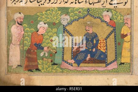 Un re offerto oro sandali. Miftah al-Fuzala. Mandu (Shadiabad), India, del XV secolo. Zarina kafsh' (royal sandali d'oro). Rappresentato da un trono re scalzi offerto una coppia. Una illustrazione di un Glossario delle parole rare e nomi propri che si verificano in persiano di poesia. Immagine presa da Miftah al-Fuzala. Originariamente pubblicato/prodotto in Mandu (Shadiabad), India, del XV secolo. . Fonte: o. 3299, f.146v. V.o. persiano. Foto Stock