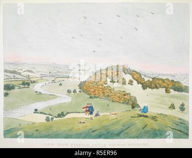 Le figure in primo piano; un fiume taglio attraverso il centro del paesaggio; hills stretching all'orizzonte; gli alberi in tutta la scena. Vista dal castello DYNEVOR, CARMARTHENSHIRE. [Gran Bretagna] : [autore non identificato], [prima del 1799]. Attacco con mano-colorazione. Fonte: Mappe K.Top.46.35.f. Lingua: Inglese. Autore: Bretherton. Foto Stock