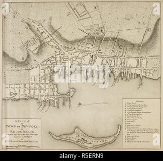 Una pianta della città di Newport in Rhode Island. Una pianta della città di Newport in Rhode Island. [Londra] : Incisione e pubblicare'd da WILLM. FADEN, Charing Cross, Septr. 1st. 1777. Incisione su rame. Fonte: Mappe K.Top.120.43. Lingua: Inglese. Foto Stock