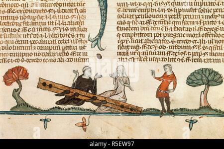 [Dettaglio] margine inferiore. Un monaco e lady in stock vengono rimproverati dalla signora il cavaliere del. Smithfield Decretals [Decretals di Gregorio IX]. Francia?; 1300-1340 [text]. Inghilterra [Londra?]; circa 1340 [l'illuminazione]. Fonte: Royal 10 E. IV, f.187. Lingue: Latina. Foto Stock