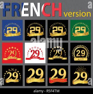 Set di numero 29 (ventinove anni) la celebrazione del design. Anniversario numero d'oro agli elementi del modello per la tua festa di compleanno. Tradotto dal Fren Illustrazione Vettoriale