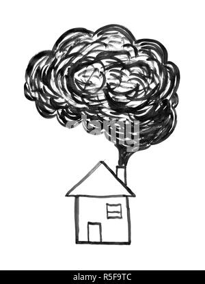 Inchiostro nero disegno a mano del fumo proveniente dal camino di casa, dell'inquinamento atmosferico concetto Foto Stock